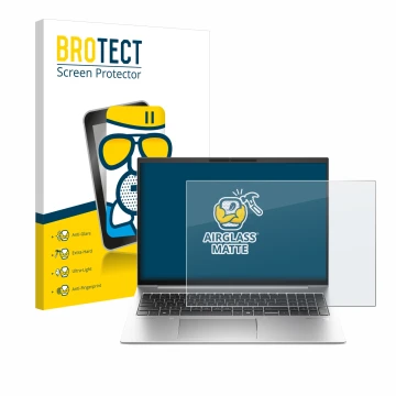 Front side of a product packaging with the brand logo BROTECT. Next to it is the device HP EliteBook 845 G11 shown with the co