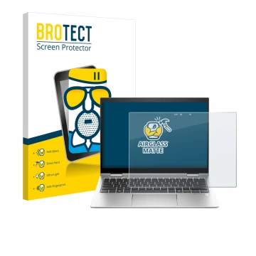 Front side of a product packaging with the brand logo BROTECT. Next to it is the device HP Elite x360 830 G11 2-in-1 shown wit