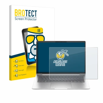 Front side of a product packaging with the brand logo BROTECT. Next to it is the device HP EliteBook 645 G11 shown with the co