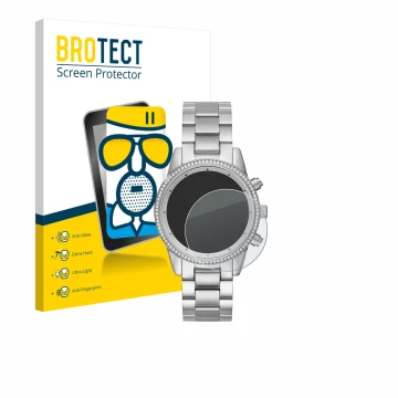 Front side of a product packaging with the brand logo BROTECT. Next to it is the device Michael Kors Ritz MK6428 shown with th