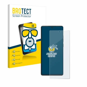 Front side of a product packaging with the brand logo BROTECT. Next to it is the device Motorola Moto G85 shown with the corre