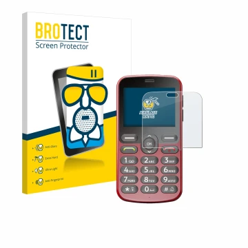 Front side of a product packaging with the brand logo BROTECT. Next to it is the device Doro 1880 shown with the corresponding