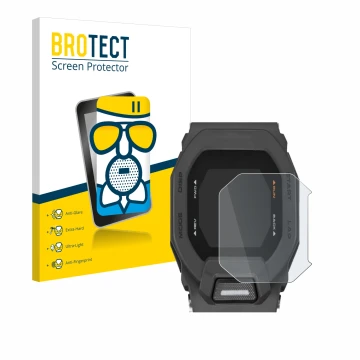 Front side of a product packaging with the brand logo BROTECT. Next to it is the device Casio G-Shock GBD-200 shown with the c