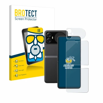 Front side of a product packaging with the brand logo BROTECT. Next to it is the device Blackview Hero 10 (Front+Back) shown w