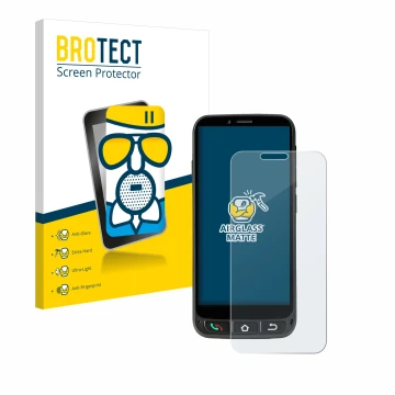 Front side of a product packaging with the brand logo BROTECT. Next to it is the device SPC Zeus 4G Pro shown with the corresp