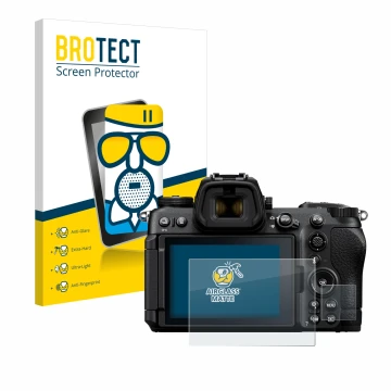 Front side of a product packaging with the brand logo BROTECT. Next to it is the device Nikon Z6 III shown with the correspond