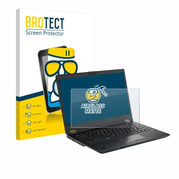 Front side of a product packaging with the brand logo BROTECT. Next to it is the device Fujitsu Lifebook U7410 shown with the 