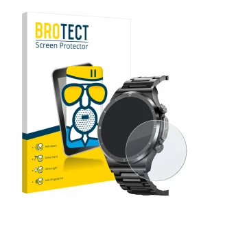 Front side of a product packaging with the brand logo BROTECT. Next to it is the device Powerwill Smartwatch 1.39