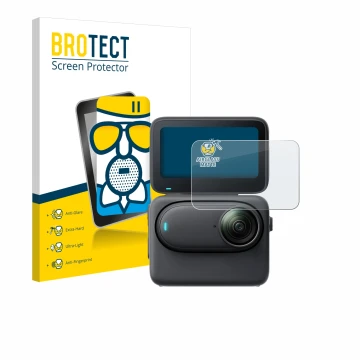 Front side of a product packaging with the brand logo BROTECT. Next to it is the device Insta360 Go 3S shown with the correspo