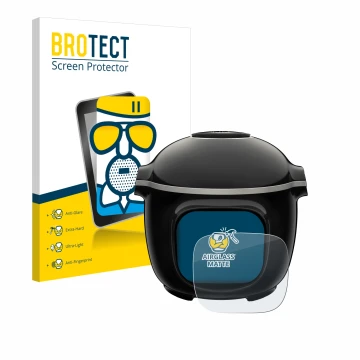 Front side of a product packaging with the brand logo BROTECT. Next to it is the device Moulinex Cookeo Touch shown with the c
