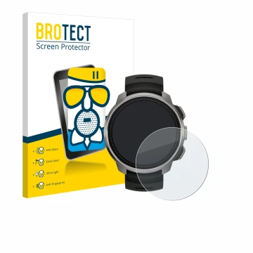 Front side of a product packaging with the brand logo BROTECT. Next to it is the device Suunto Ocean shown with the correspond