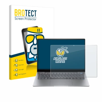Front side of a product packaging with the brand logo BROTECT. Next to it is the device HP OmniBook X AI 14 shown with the cor