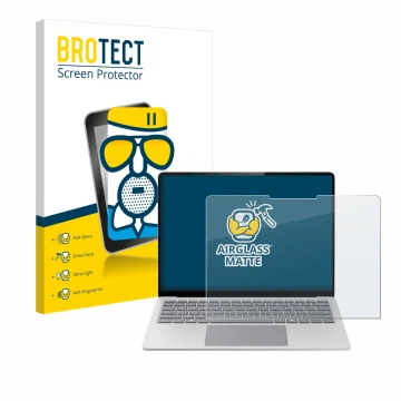 Front side of a product packaging with the brand logo BROTECT. Next to it is the device Microsoft Surface Laptop 7 13.8