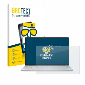 Front side of a product packaging with the brand logo BROTECT. Next to it is the device Dell XPS 16 9640 shown with the corres