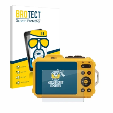 Front side of a product packaging with the brand logo BROTECT. Next to it is the device Kodak Pixpro WPZ2 shown with the corre