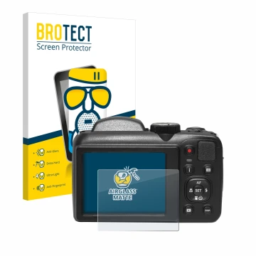 Front side of a product packaging with the brand logo BROTECT. Next to it is the device Kodak Pixpro AZ255 shown with the corr