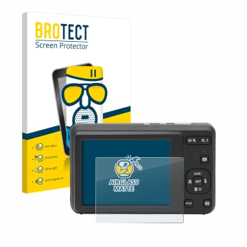 Front side of a product packaging with the brand logo BROTECT. Next to it is the device Kodak Pixpro FZ55 shown with the corre
