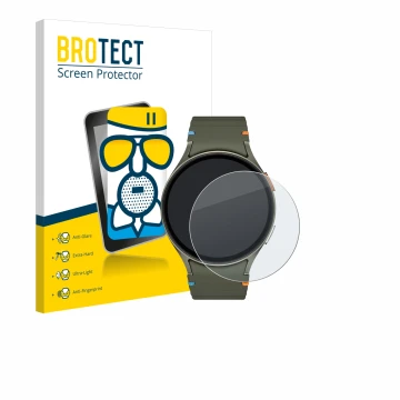 Front side of a product packaging with the brand logo BROTECT. Next to it is the device Samsung Galaxy Watch 7 (44 mm) shown w