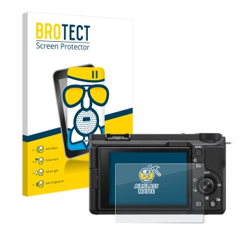 Front side of a product packaging with the brand logo BROTECT. Next to it is the device Sony Alpha ZV-E10 II shown with the co