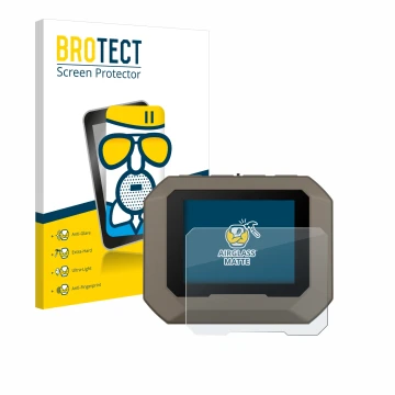 Front side of a product packaging with the brand logo BROTECT. Next to it is the device Garmin Xero C1 Pro shown with the corr