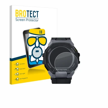 Front side of a product packaging with the brand logo BROTECT. Next to it is the device Casio G-Shock G-Squad GBD-300 shown wi