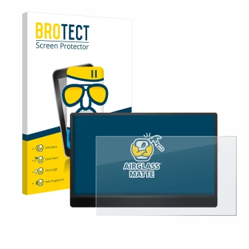 Front side of a product packaging with the brand logo BROTECT. Next to it is the device MSI Pro MP161 E2 shown with the corres