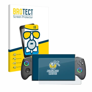 Front side of a product packaging with the brand logo BROTECT. Next to it is the device OneXPlayer X1 Mini shown with the corr