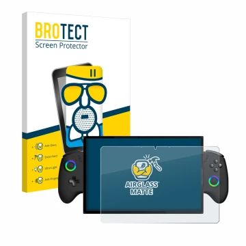 Front side of a product packaging with the brand logo BROTECT. Next to it is the device OneXPlayer X1 shown with the correspon