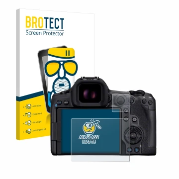 Front side of a product packaging with the brand logo BROTECT. Next to it is the device Canon EOS R5 Mark II shown with the co