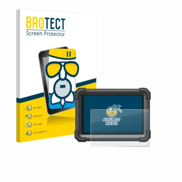 Front side of a product packaging with the brand logo BROTECT. Next to it is the device Launch X-431 Pro Dyno shown with the c