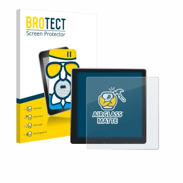 Front side of a product packaging with the brand logo BROTECT. Next to it is the device Shelly Wall Display shown with the cor