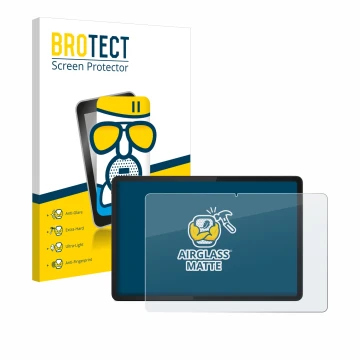Front side of a product packaging with the brand logo BROTECT. Next to it is the device Lenovo Tab K11 shown with the correspo