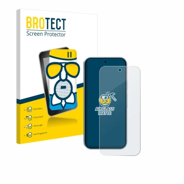 Front side of a product packaging with the brand logo BROTECT. Next to it is the device Google Pixel 9 shown with the correspo