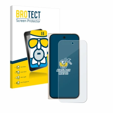 Front side of a product packaging with the brand logo BROTECT. Next to it is the device Google Pixel 9 Pro Fold shown with the