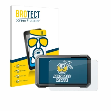 Front side of a product packaging with the brand logo BROTECT. Next to it is the device Ricoel Motorcycle CarPlay C7 II shown 