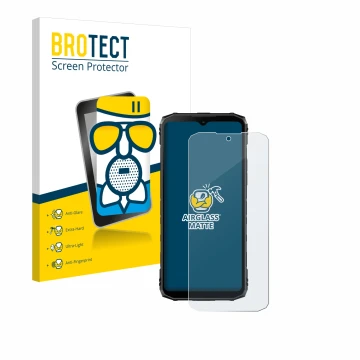 Front side of a product packaging with the brand logo BROTECT. Next to it is the device Doogee Blade 10 Ultra shown with the c