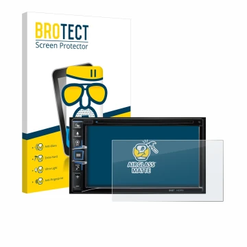 Front side of a product packaging with the brand logo BROTECT. Next to it is the device Alpine INE-W611D shown with the corres