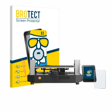 Front side of a product packaging with the brand logo BROTECT. Next to it is the device Anycubic Kobra 3 shown with the corres