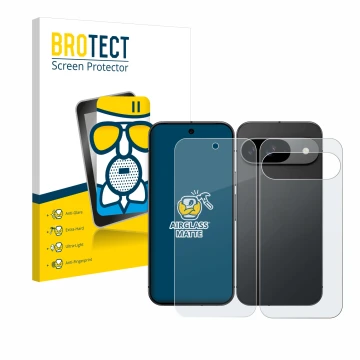 Front side of a product packaging with the brand logo BROTECT. Next to it is the device Google Pixel 9 (Front+Back) shown with