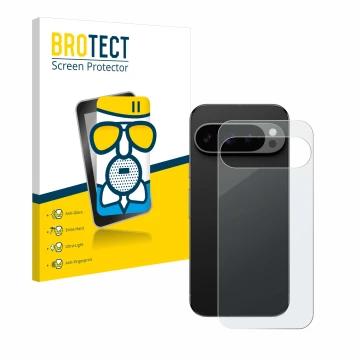 Front side of a product packaging with the brand logo BROTECT. Next to it is the device Google Pixel 9 Pro (Back) shown with t