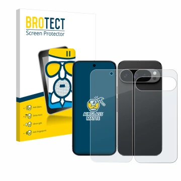 Front side of a product packaging with the brand logo BROTECT. Next to it is the device Google Pixel 9 Pro (Front+Back) shown 