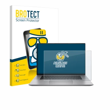 Front side of a product packaging with the brand logo BROTECT. Next to it is the device HP Zbook Studio 16 G11 shown with the 