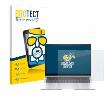 Front side of a product packaging with the brand logo BROTECT. Next to it is the device HP EliteBook x360 1040 14 G11 2-in-1 s