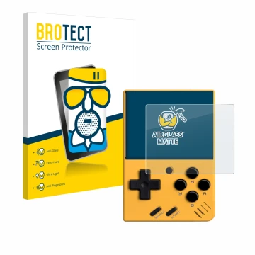 Front side of a product packaging with the brand logo BROTECT. Next to it is the device Miyoo Mini V4 shown with the correspon