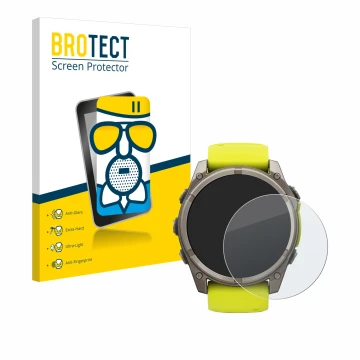 Front side of a product packaging with the brand logo BROTECT. Next to it is the device Garmin Fenix 8 Solar (51 mm) shown wit