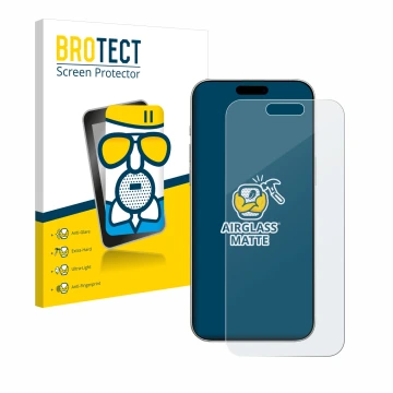 Front side of a product packaging with the brand logo BROTECT. Next to it is the device Apple iPhone 16 shown with the corresp