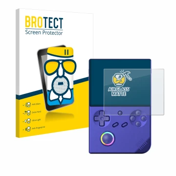 Front side of a product packaging with the brand logo BROTECT. Next to it is the device Anbernic RG40XXV shown with the corres