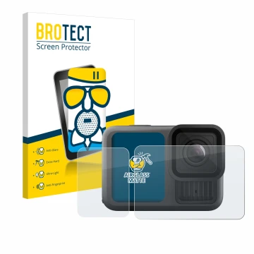 Front side of a product packaging with the brand logo BROTECT. Next to it is the device GoPro Hero 13 Black shown with the cor