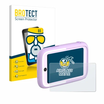 Front side of a product packaging with the brand logo BROTECT. Next to it is the device Myfirst Camera 50 shown with the corre