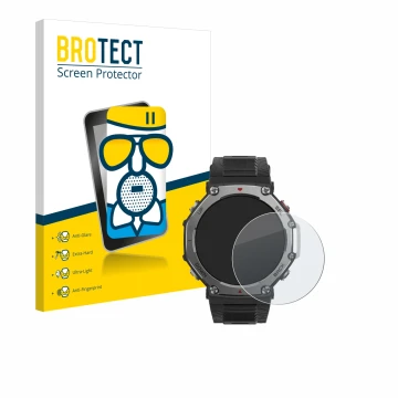 Front side of a product packaging with the brand logo BROTECT. Next to it is the device Huami Amazfit T-Rex 3 shown with the c